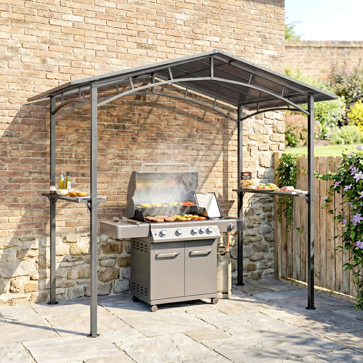 Tonnelle de Barbecue Extérieur Abri, 2 Étagères Latérales, Toit en Polycarbonate, 246 x 149 x 230 cm, Aluminium, Noir-1