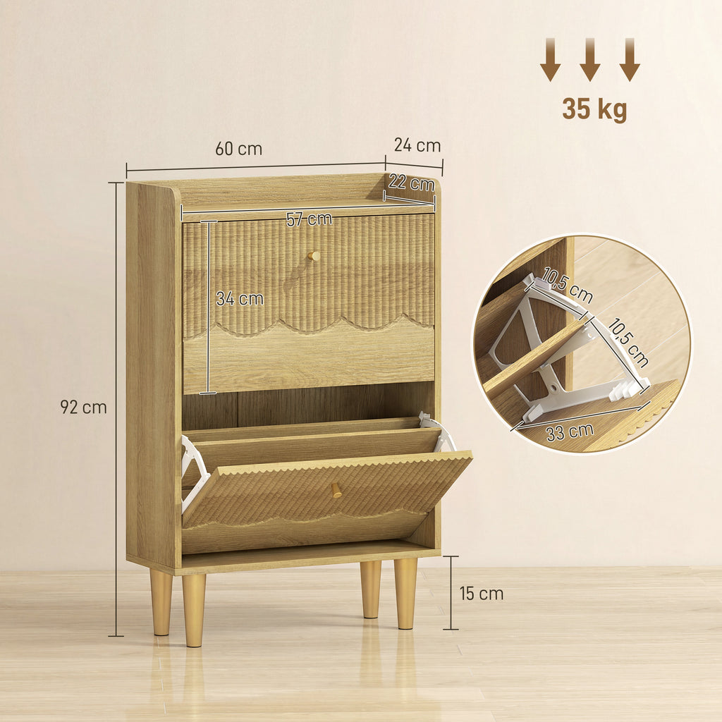 Meuble à chaussures 12 paires, armoire à chaussures étroite, 2 tiroirs rabattables étagères réglables, 60x24x92cm, chêne-2