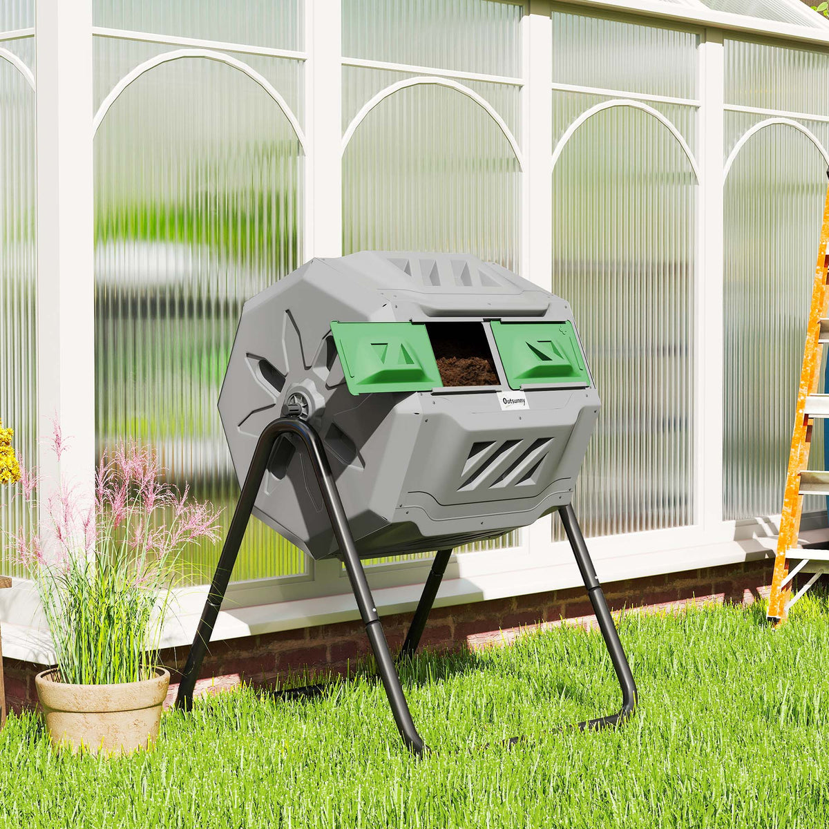 Composteur de Jardin - bac à Compost pour déchets - Rotatif 360° - Double Chambre 160 L - Acier PP Gris-9