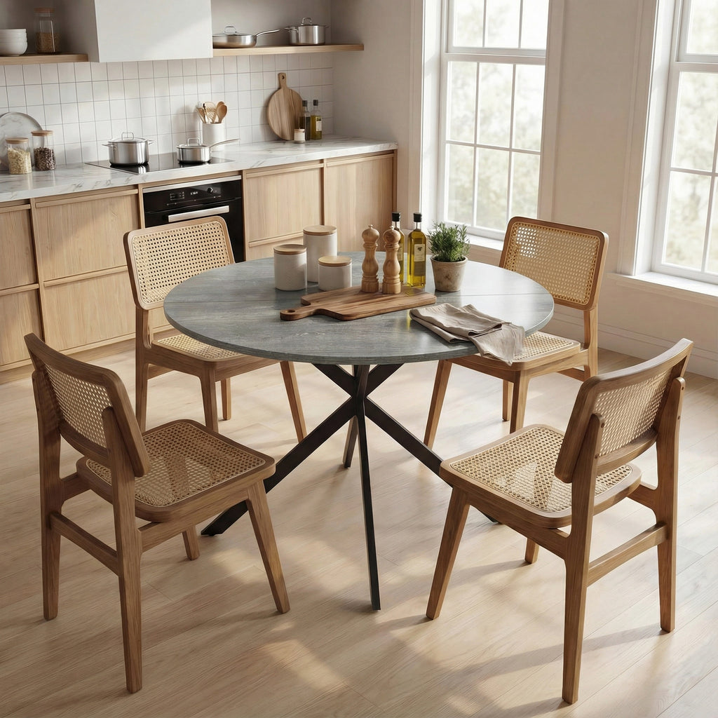 Table à Manger Ronde pour 4 Personnes 100 cm, Style Industriel avec Plateau Aspect Bois, Piètement Croisé en Acier, Gris-6