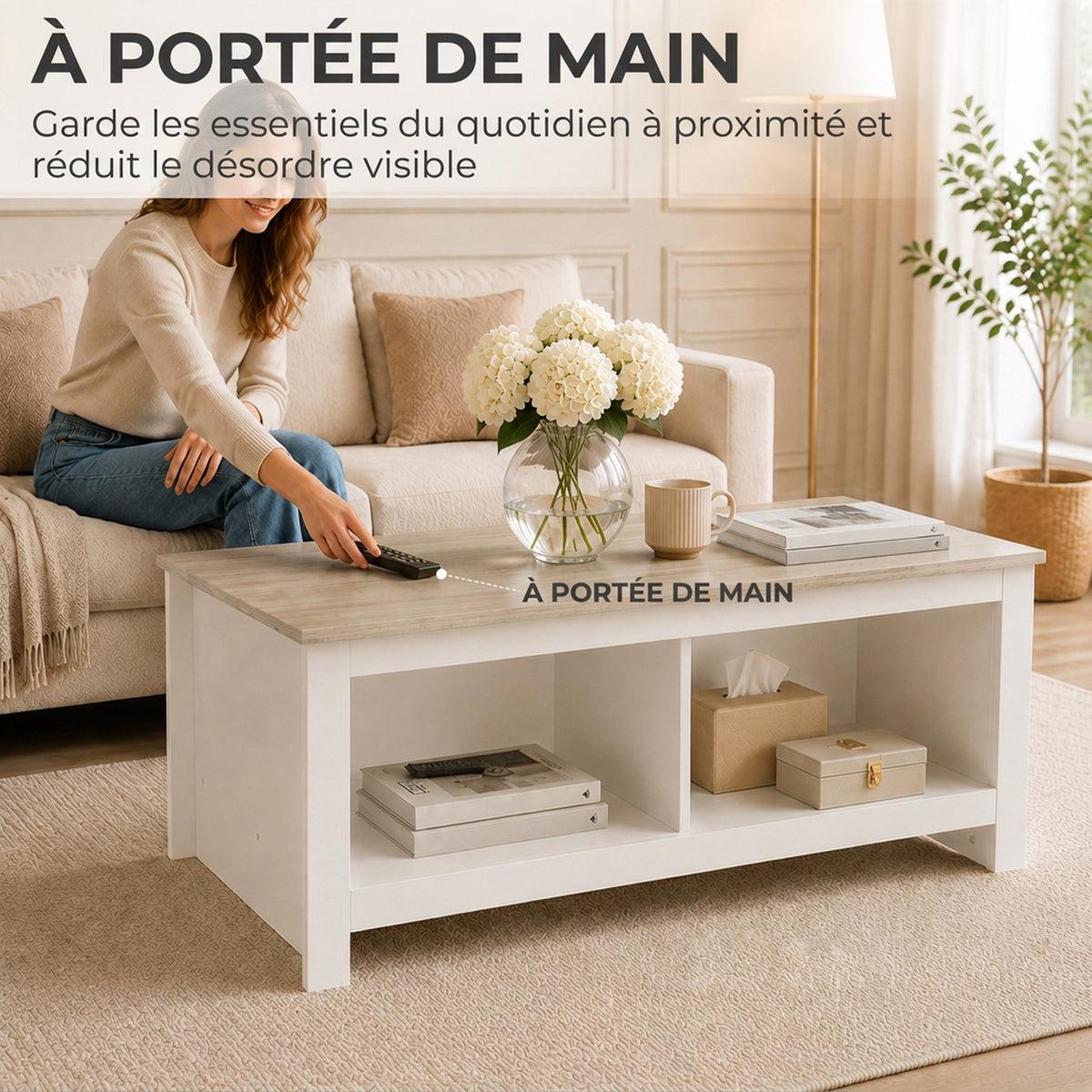 Table Basse Rectangulaire, Table de Salon Moderne avec 4 Compartiments Ouverts, 110 x 55 x 45,5 cm, Chêne et Blanc-4