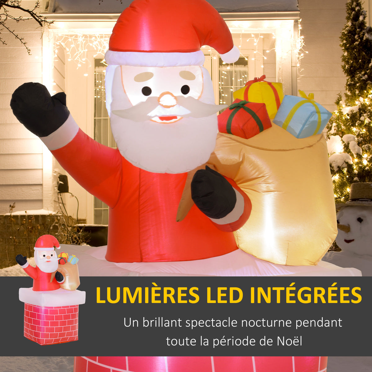 Père Noël gonflable décoration de Noël extérieur avec lumières LED sac de cadeau et la cheminée 130 x 82 x 195 cm rouge-3