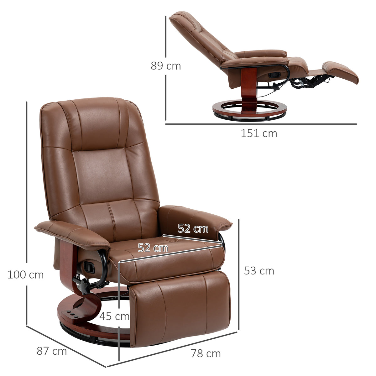 Fauteuil relax inclinable repose-pieds réglable pivotant 360° piètement bois revêtement PU respirant et doux marron-2