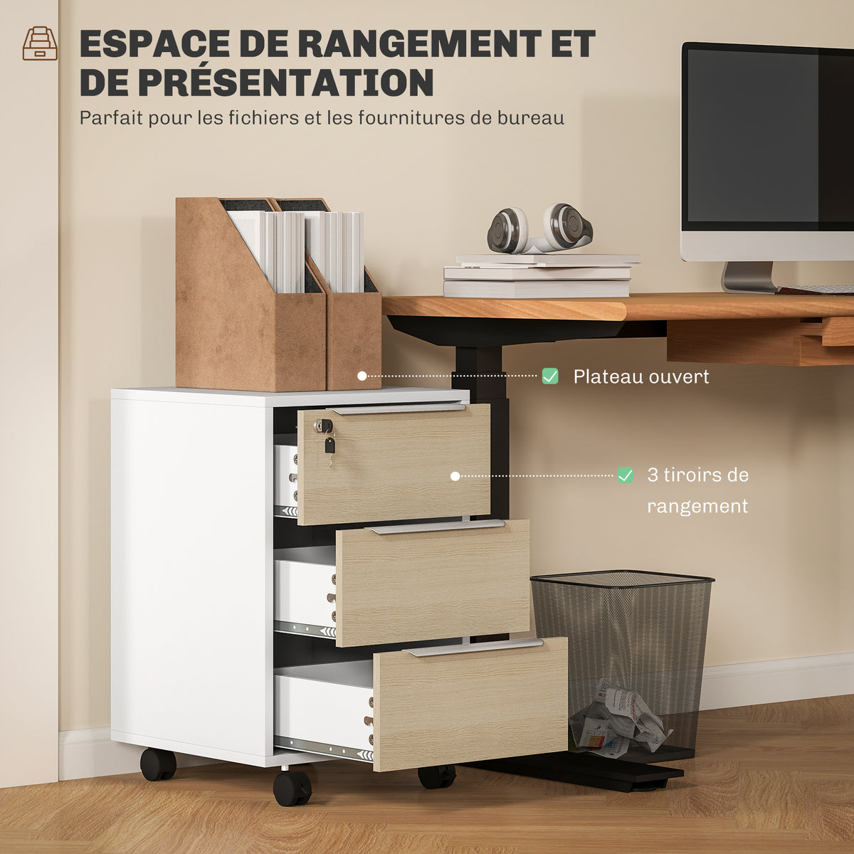 Caisson de bureau à roulettes avec 3 tiroirs et serrure, meuble rangement bureau sur roulettes, 40 x 40 x 63,5 cm, chêne-3