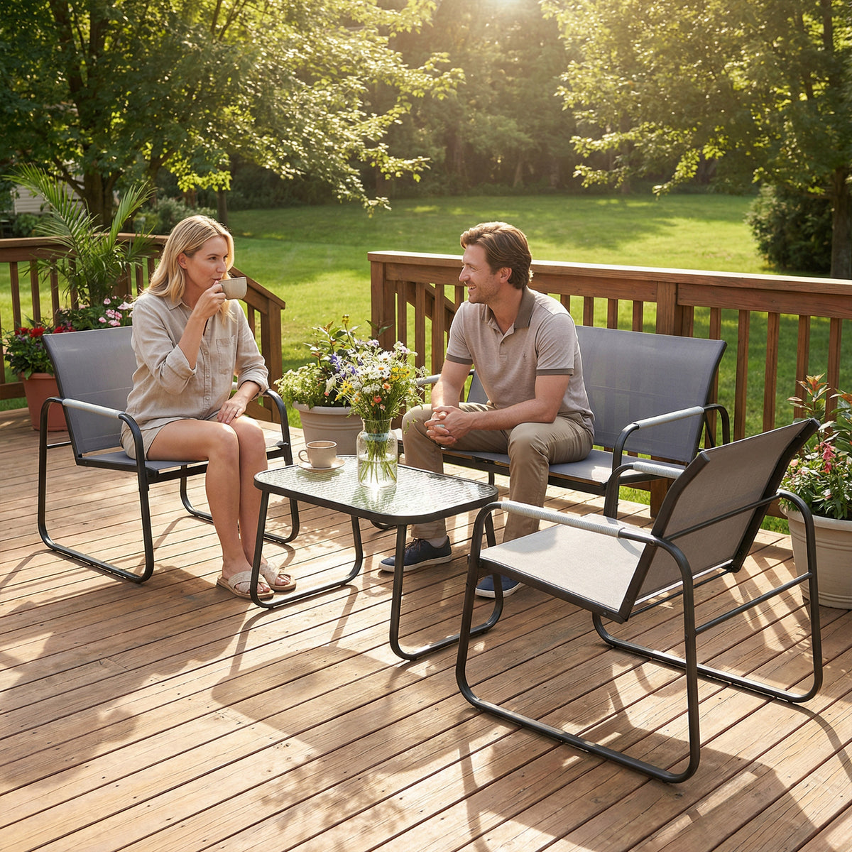 Salon de Jardin Ensemble de Terrasse en Acier et Textilène 4 Pièces avec Accoudoirs Corde Tressée Gris-6