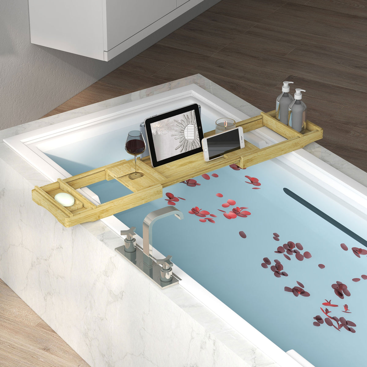 Pont étagère plateau de baignoire extensible en bambou avec porte-gobelet et porte-savon, 75-109 x 23 x 4.5cm-1