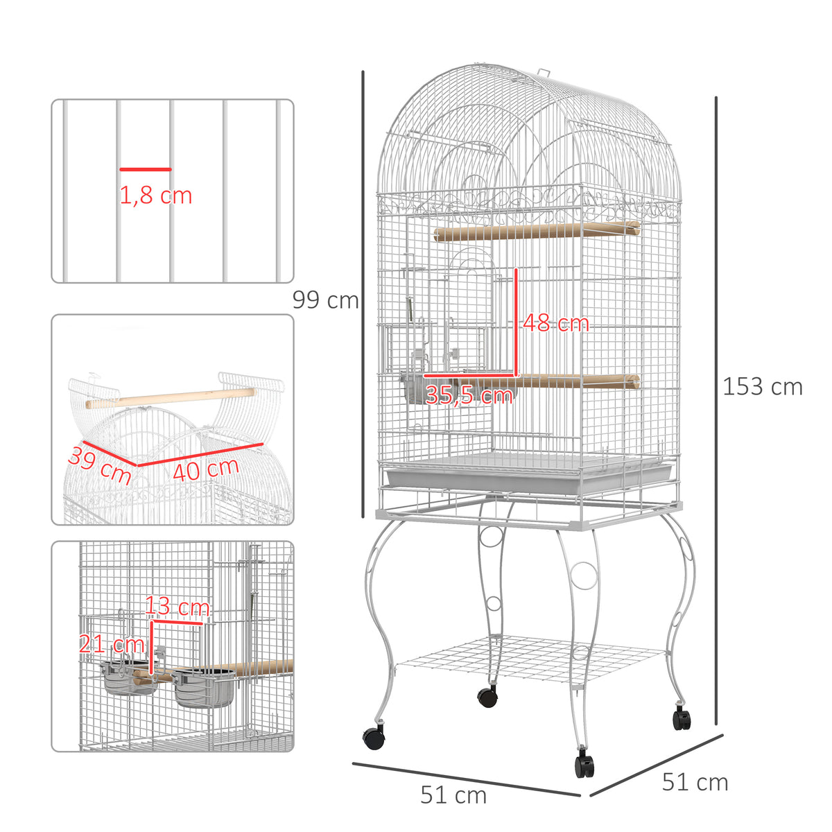 Cage à oiseaux sur roulettes avec étagère plateau amovible 2 bols perchoir acier inoxydable 51 x 51 x 153 cm blanc-2