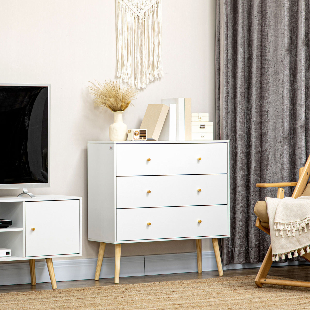 Commode 3 tiroirs design scandinave piètement effilé incliné bois pin panneaux blanc80 x 30 x 80 cm blanc-6