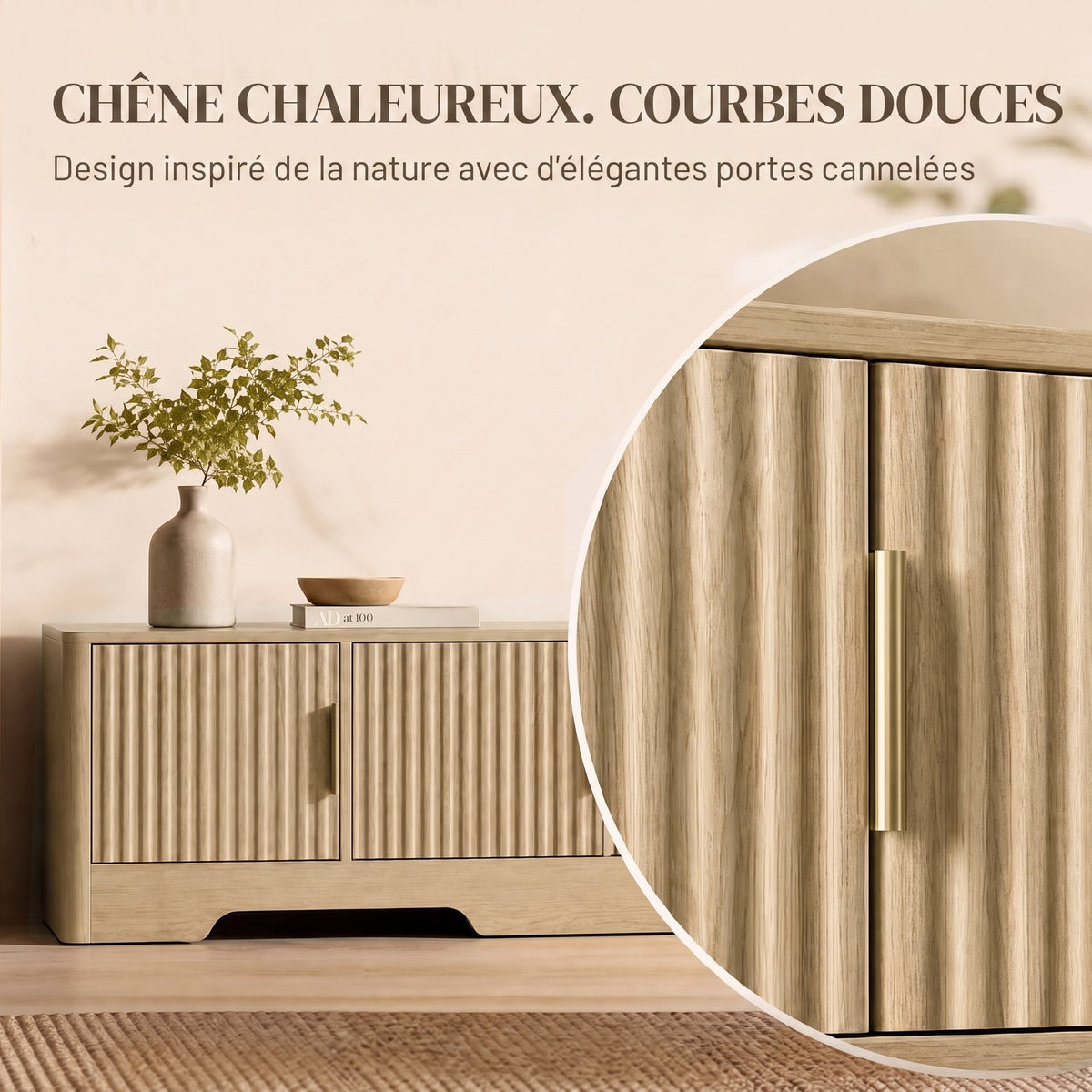 Meuble TV 140 cm, Meuble Télé pour Téléviseur jusqu'à 60 Pouces, 4 Portes Cannelées et Étagères Réglables, Chêne-3