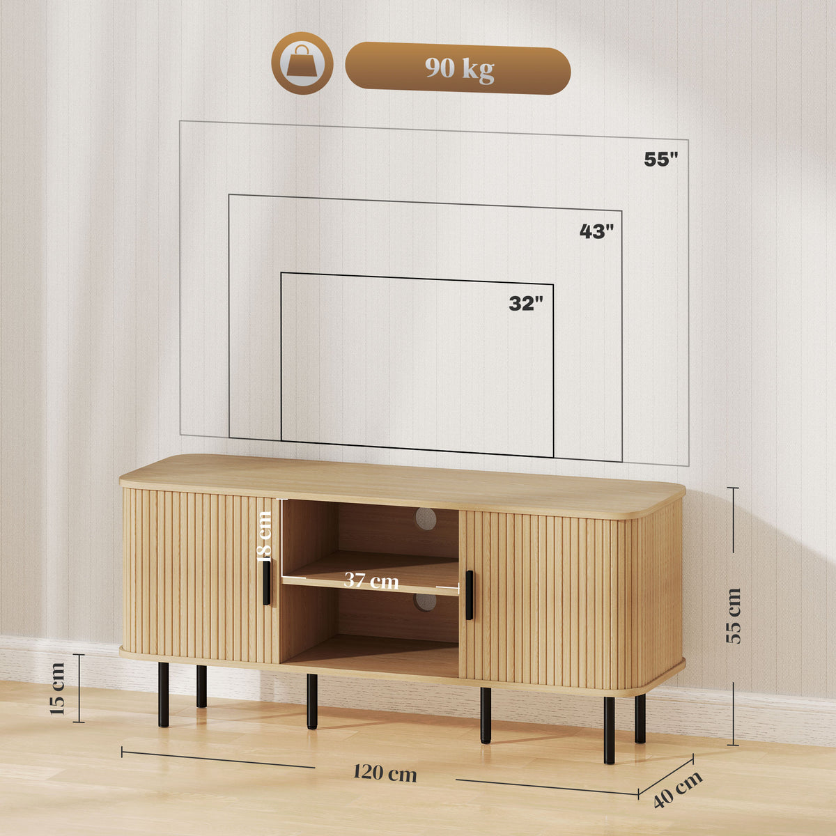 Meuble TV avec 2 portes tambour à lamelles design scandinave pour télévision jusqu'à 55 pouces 120 cm ton chêne-2