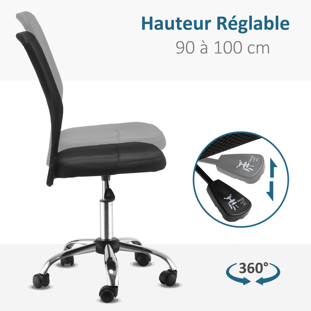Chaise de Bureau Ergonomique, Fauteuil de Bureau, Hauteur Réglable, Piètement Chromé Noir-4