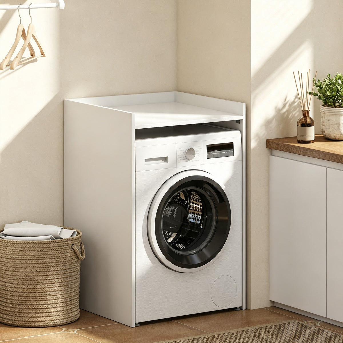Meuble Machine à Laver avec Plan de Travail, Style Moderne, Anti-Basculement, Meuble de Rangement, 64x60x97,5cm, Blanc-1