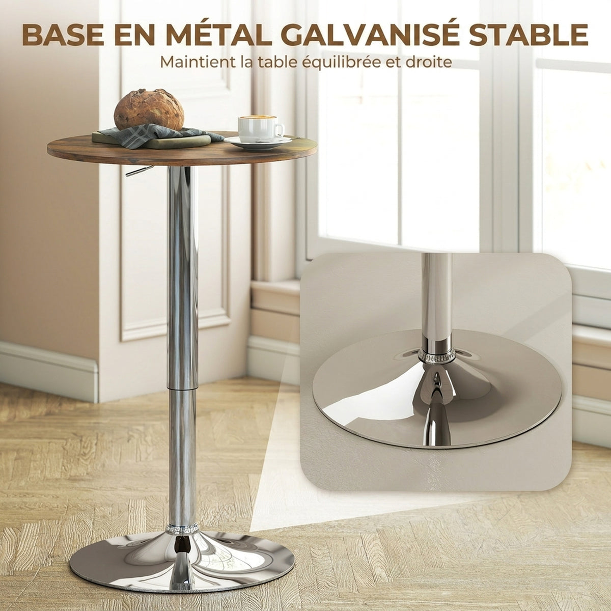 Table de Bar Table Bistro Mange-debout Hauteur réglable 67-93 cm Plateau pivotant 360° marron-5