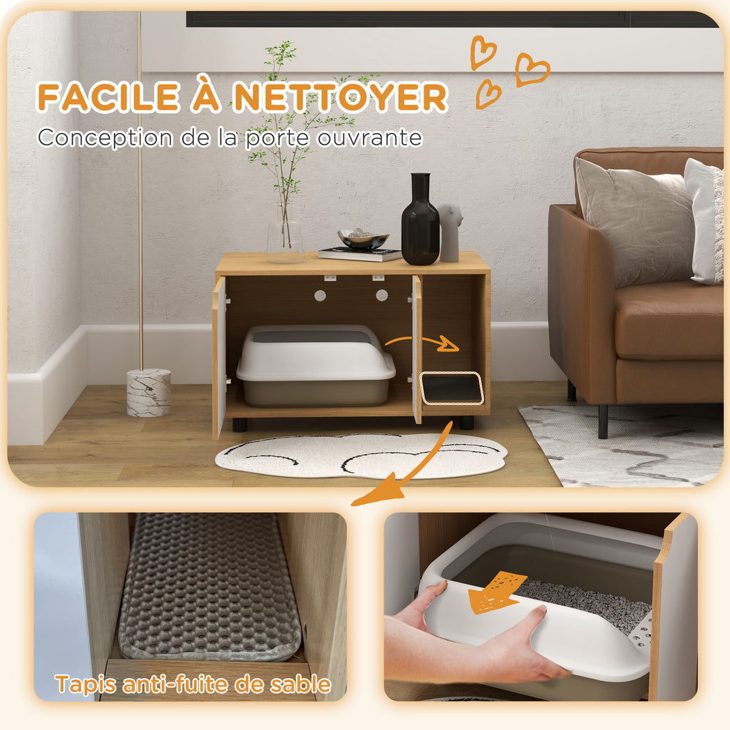 Meuble à litière maison de toilette sur pieds pour chat 2 en 1 portes style scandinave 80 x 48 x 48 cm naturel et blanc-3