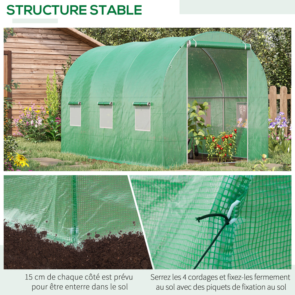 Serre de Jardin Tunnel Surface Sol 6 m² 3L x 2l x 2H m acier Porte zippée 6 fenêtres enroulables Vert-4
