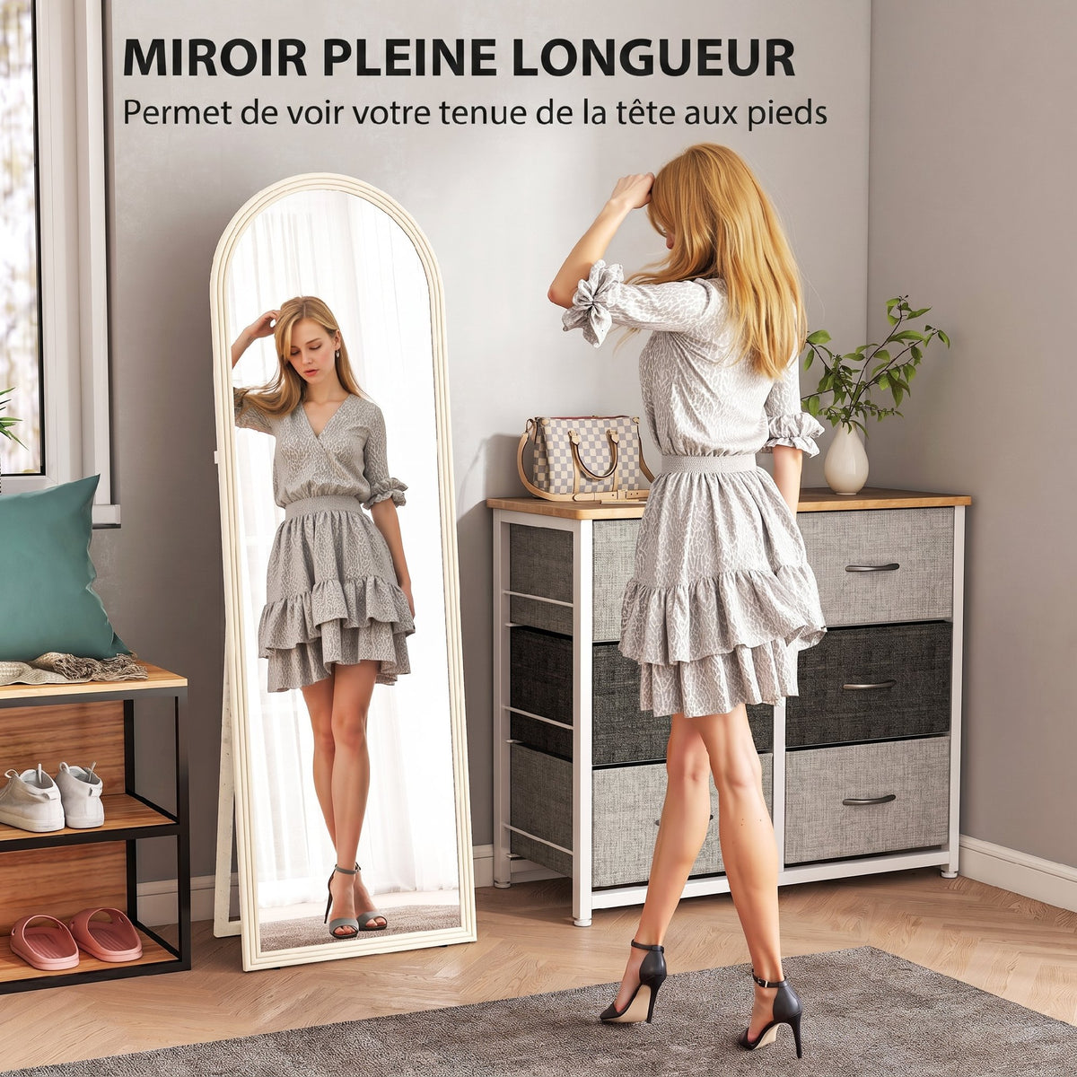Miroir de sol arqué pleine longueur miroir sur pied cadre en effet imitation pierre pour salon chambre 50 x 160 cm blanc-3