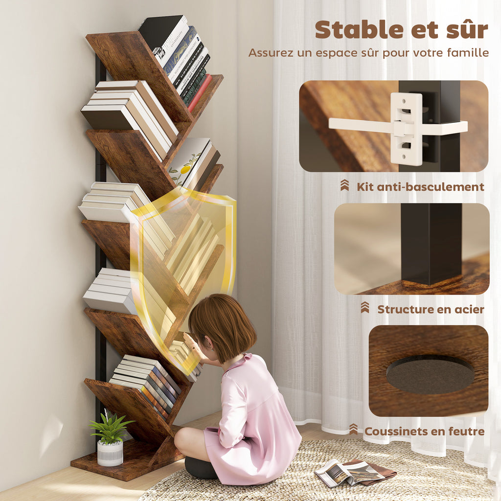 Bibliothèque Arbre à 9 Niveaux, Meuble de Rangement Industriel avec Cadre en Acier, 50x24x136cm, Brun Rustique-4