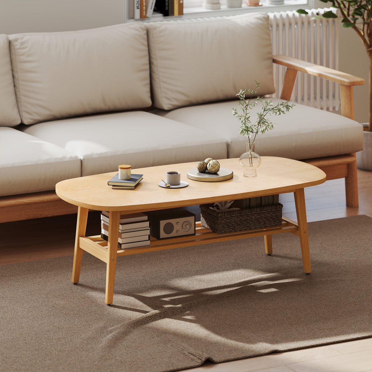 Table Basse à 2 Niveaux, Table de Salon Moderne avec Étagère Inférieure Ouverte et Pieds en Bois d'Hévéa, Bois Naturel-1
