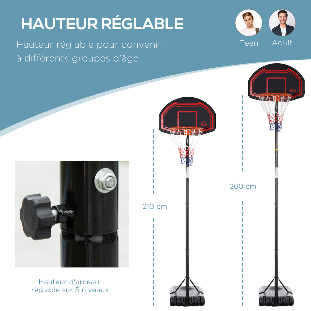Panier de basket extérieur avec poteau panneau, base de lestage sur roulettes hauteur réglable 2,1-2,6 m (panier)-3