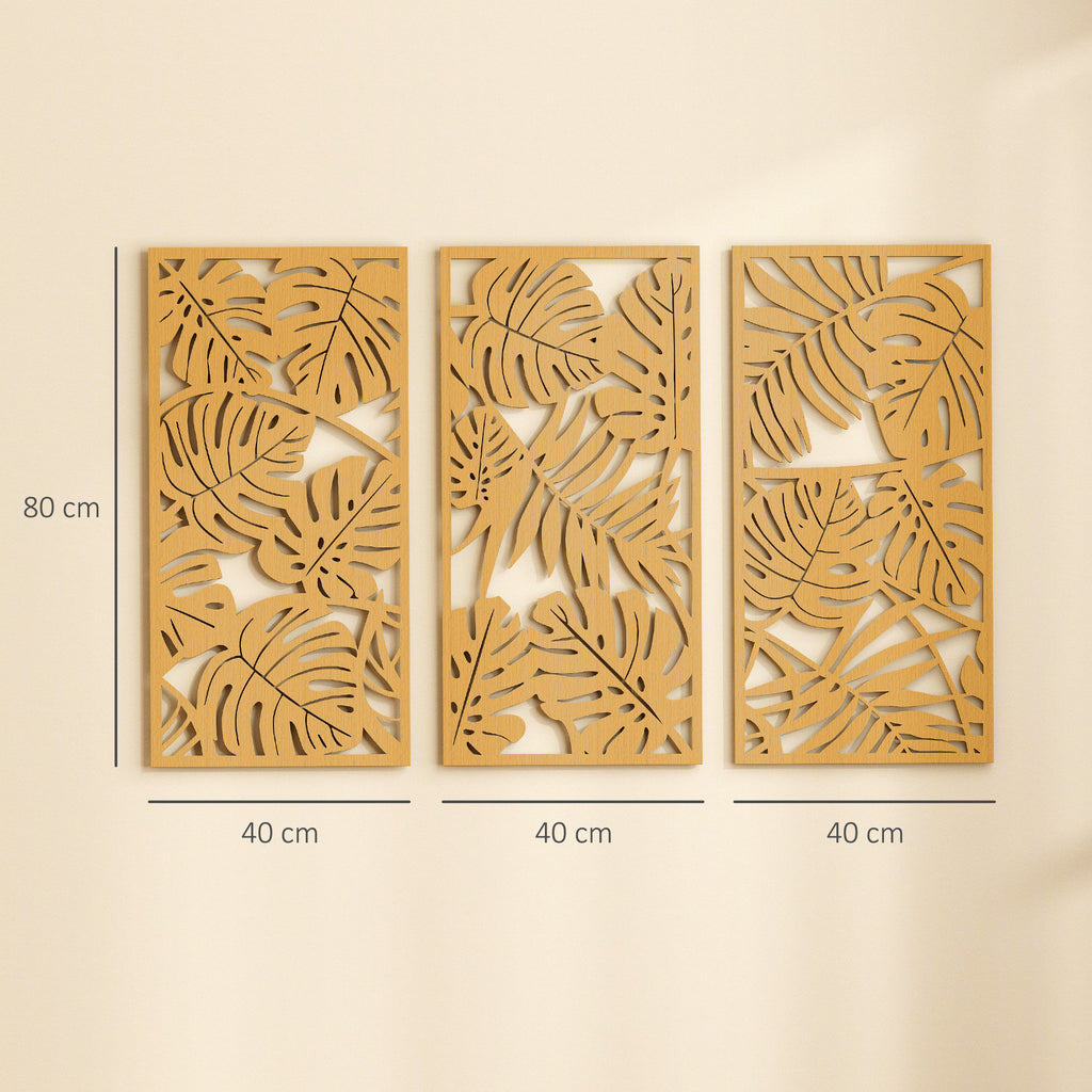 Ensemble de 3 Décorations Murales en Bois 3D, 40 x 80 cm, Feuilles Tropicales, Effet Bois Naturel-2