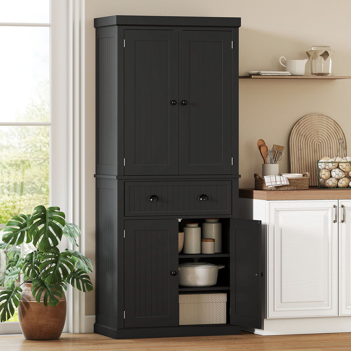 Buffet haut cuisine, armoire de cuisine avec 4 portes, tiroir et étagères réglables, 76,2 x 40,2 x 183 cm, noir-1