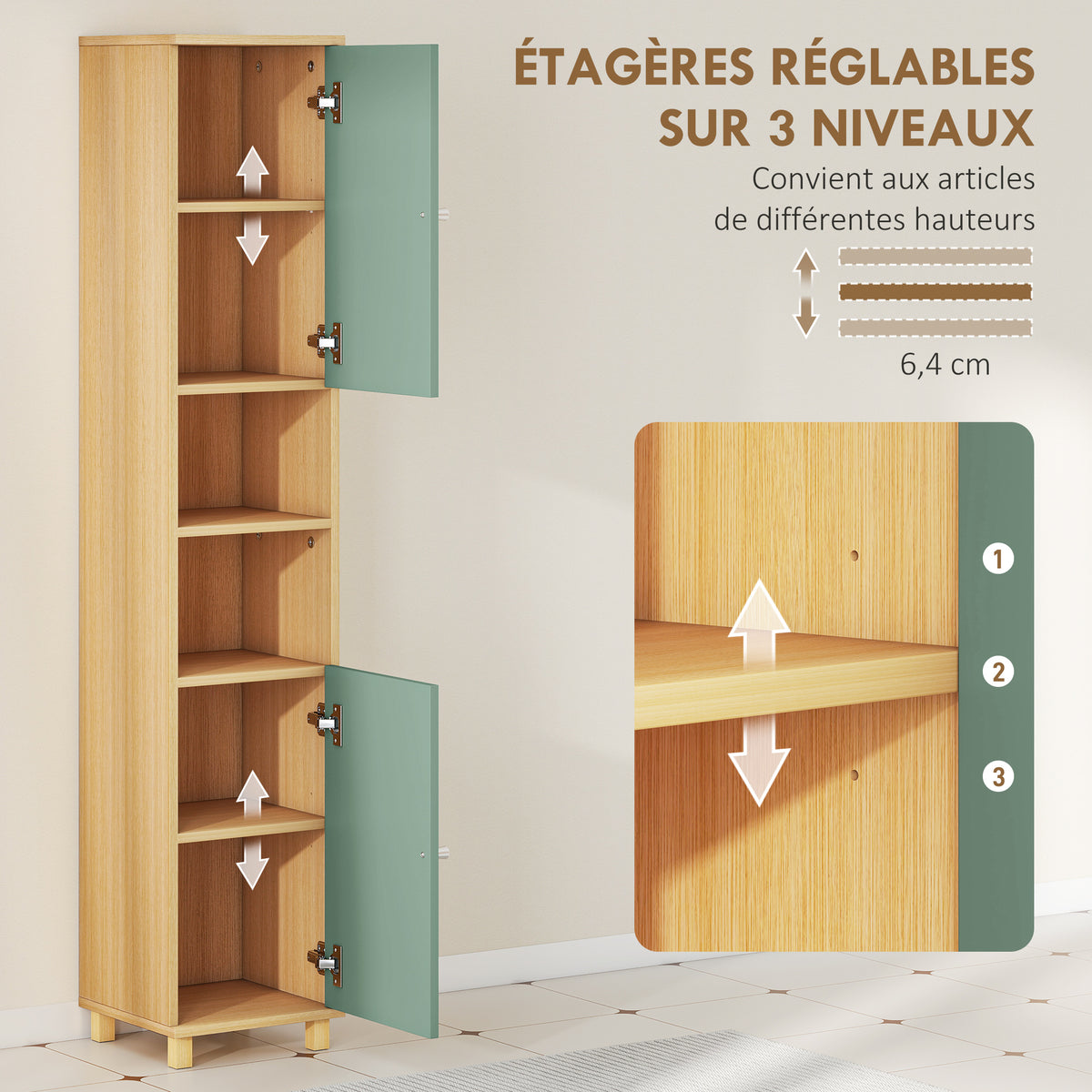 Meuble de salle de bain meuble de rangement 2 placards 2 compartiments ouverts étagères réglables 30 x 30 x 166 cm, vert-4