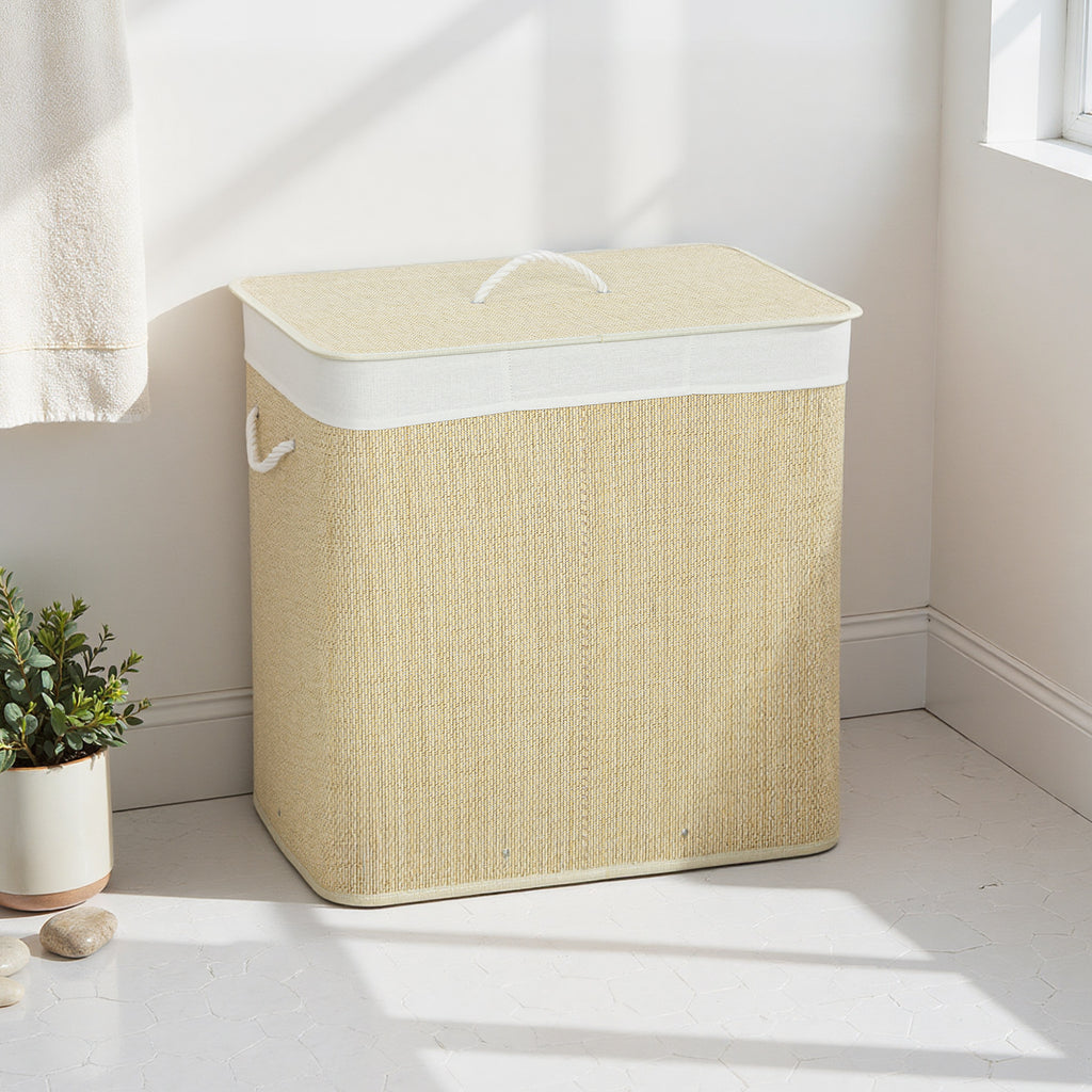 Panier à linge à trois compartiments avec couvercle, panier à linge en bambou 144 L avec poignées en corde-7