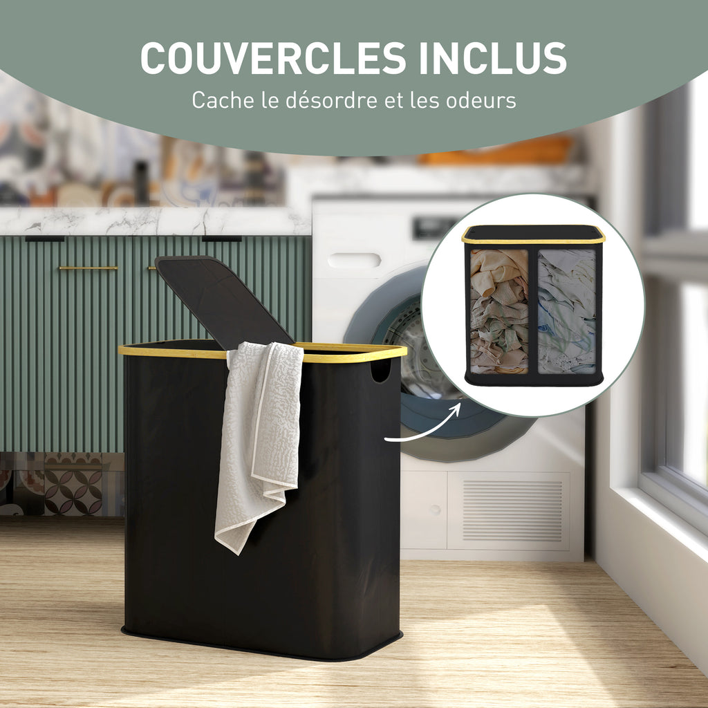 Panier à linge double pliable 80 L corbeille à linge sale avec couvercle, poignées rainurées, noir-4