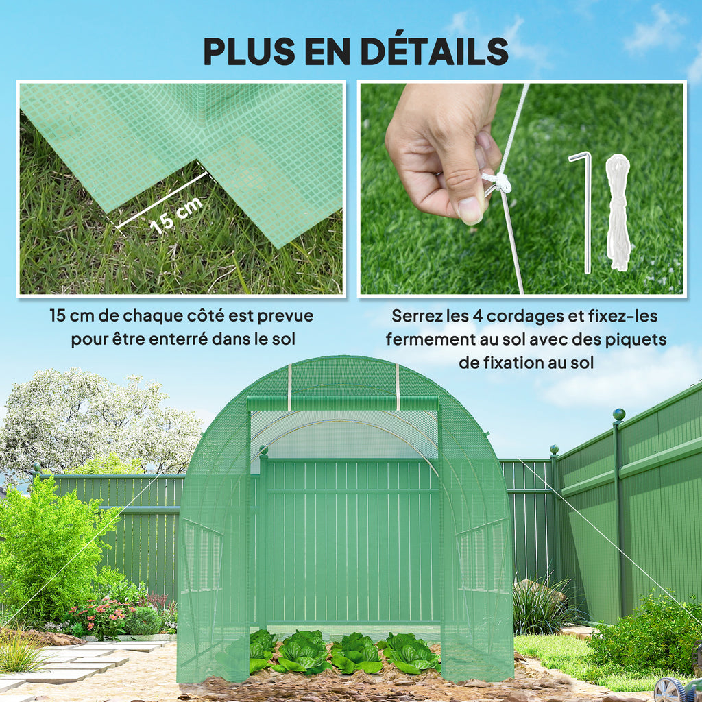 Serre de Jardin Tunnel Surface Sol 7m² 3,5L x 2l x 2H m châssis Tubulaire renforcé Porte zippée 6 fenêtres enroulables Vert-4