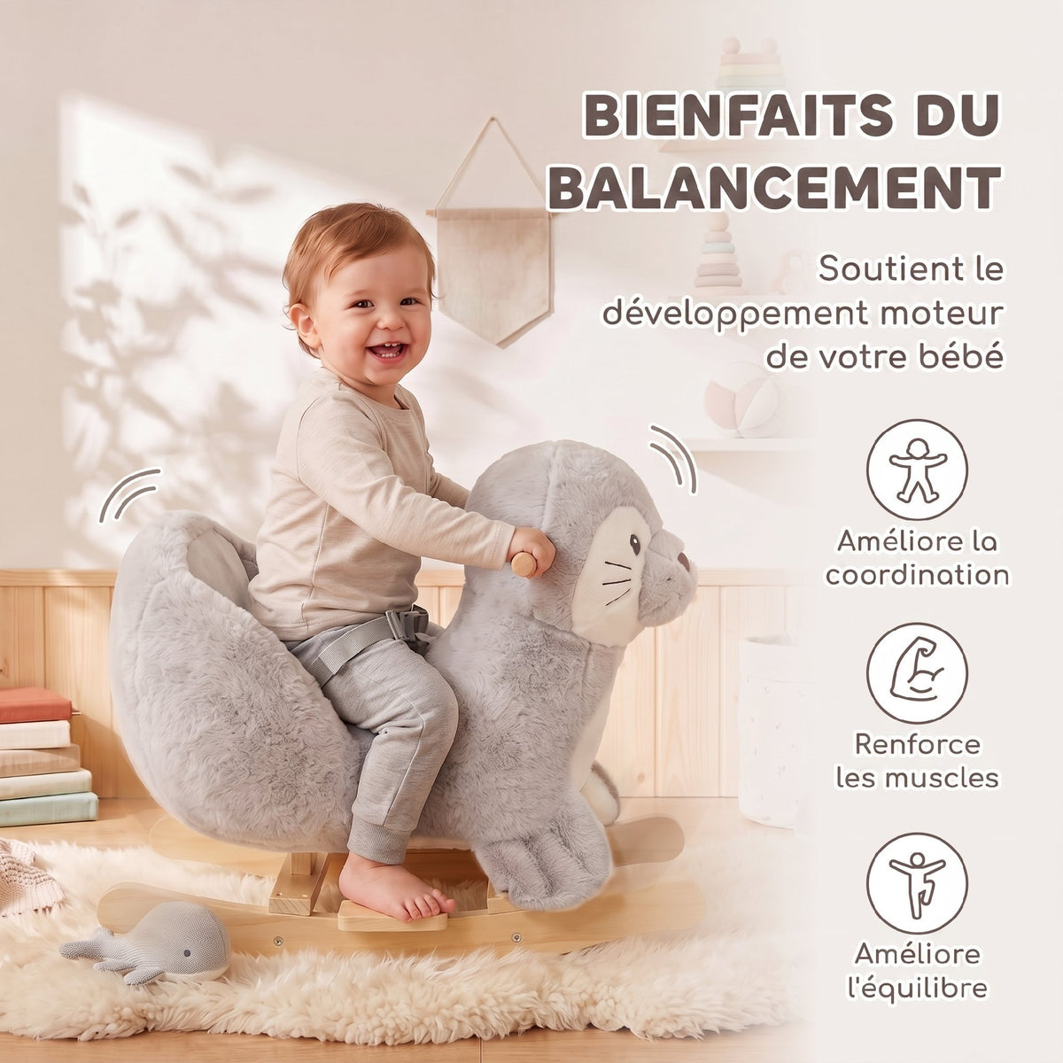 Cheval à bascule pour Enfants, Phoque à Bascule en Peluche, Sons Réalistes, Ceinture et Butées Anti-Basculement, Gris-4