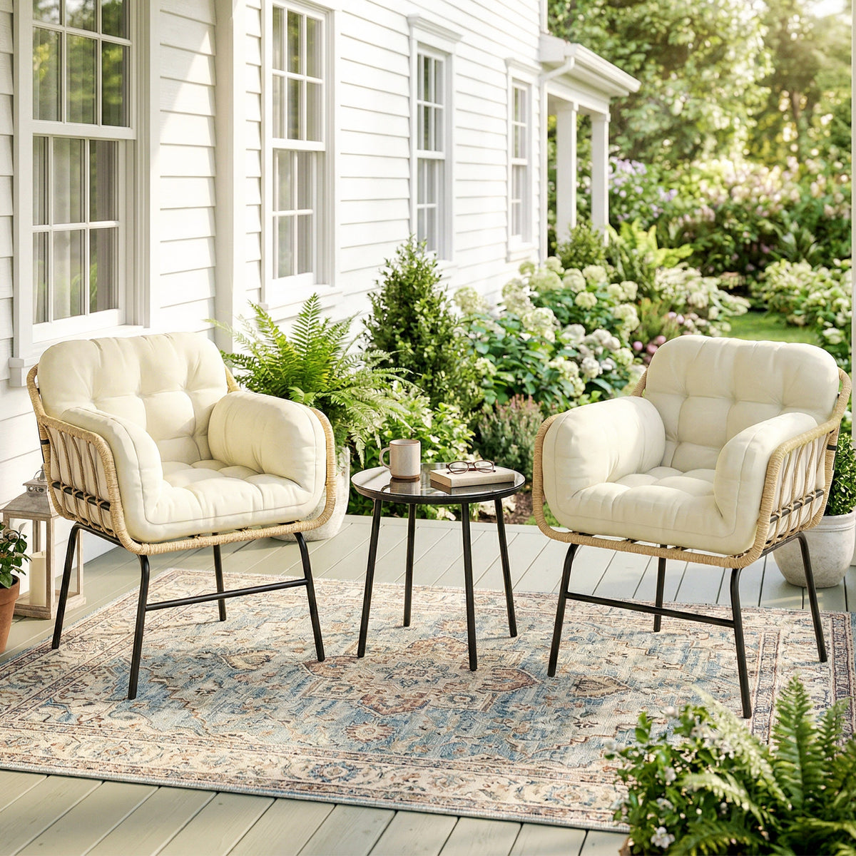 Salon de Jardin Extérieur 3 Pièces en Résine Tressée, Table en Verre Trempé, 2 Fauteuils avec Coussins, 62x73x79cm, Crème-1