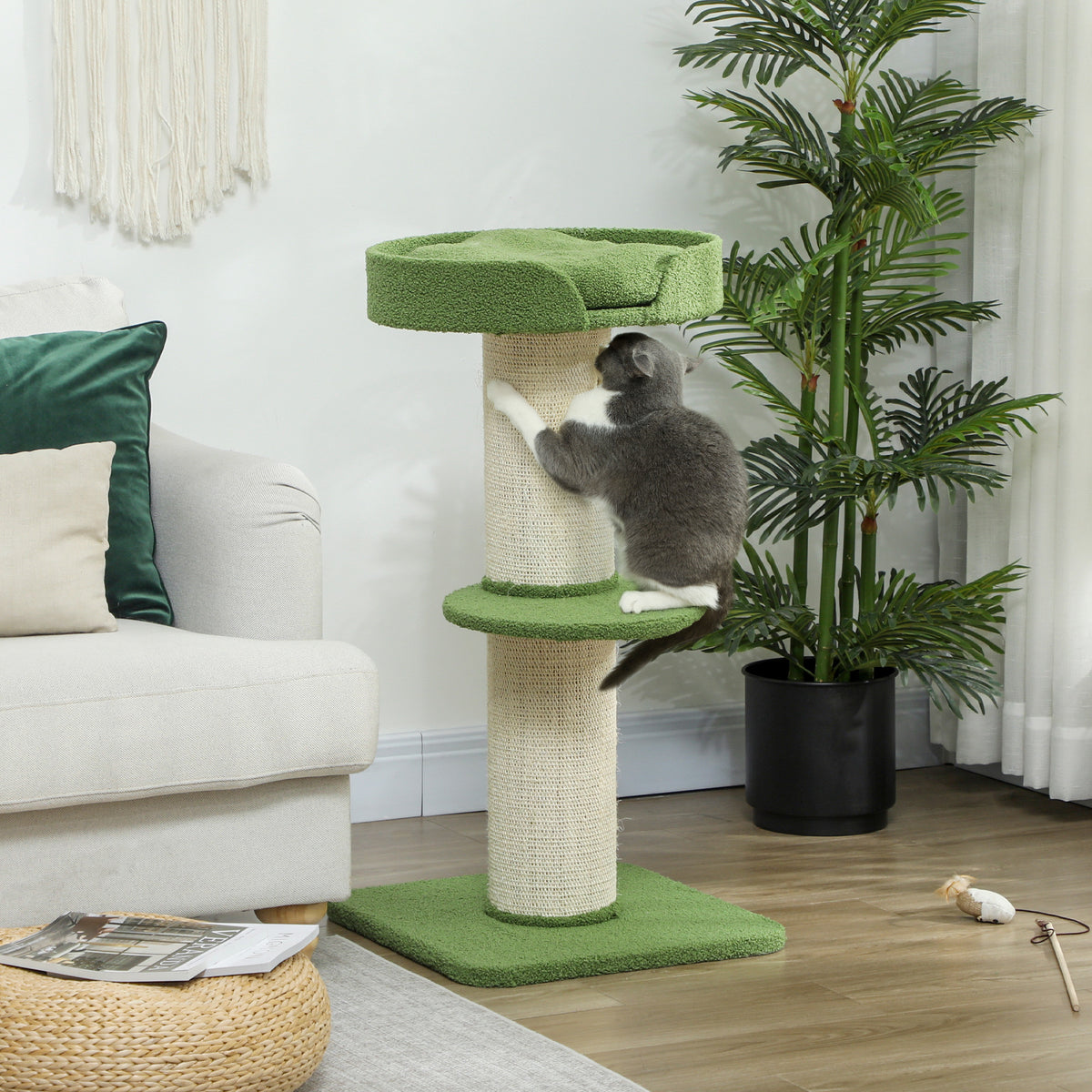 Arbre à Chat avec Griffoir, Centre d'Activités, Plateformes, Coussin, 45 x 45 x 91 cm, Vert et Beige-9