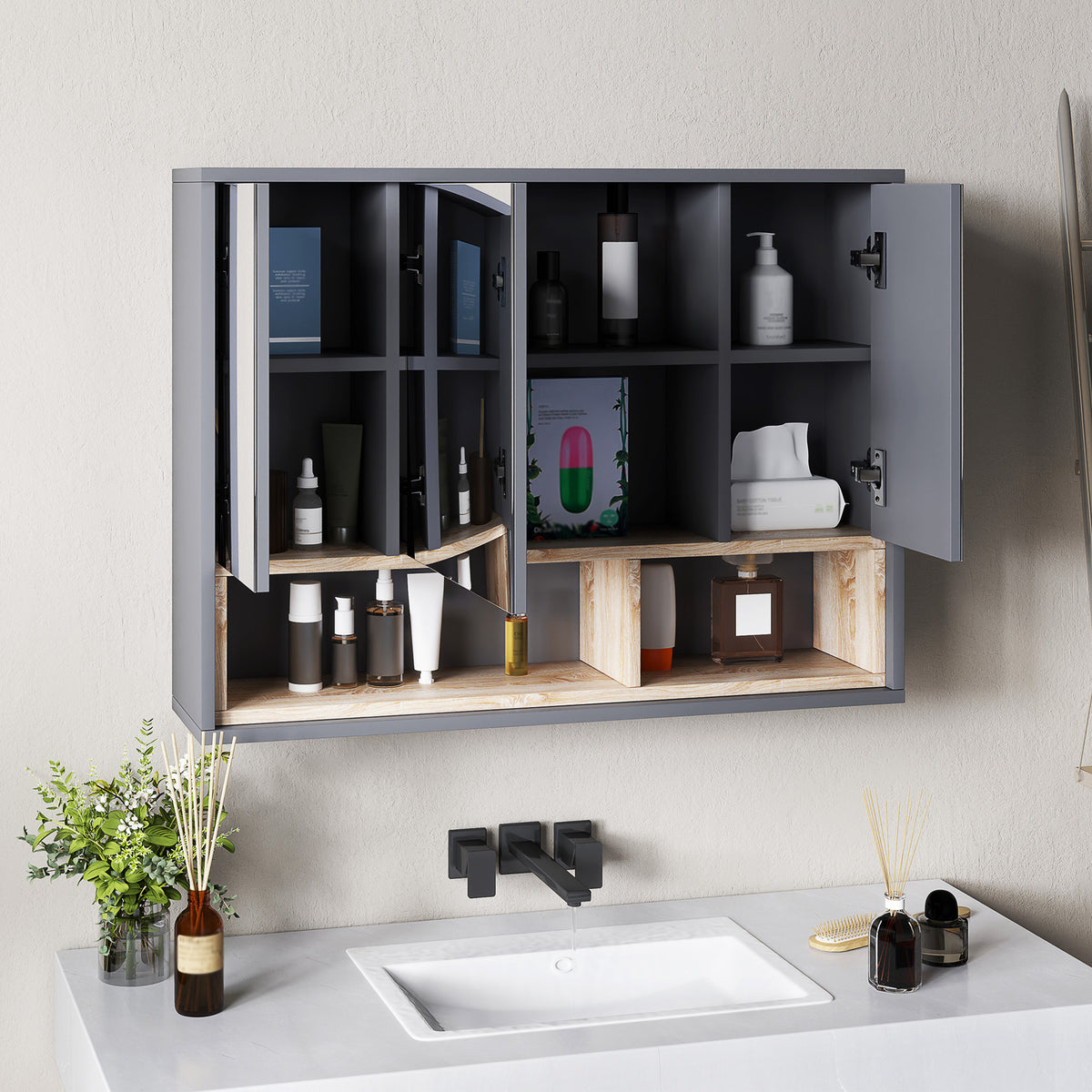 Meuble salle de bain avec miroir, armoire toilettes murale avec placards à 3 portes et 8 compartiments, gris-7