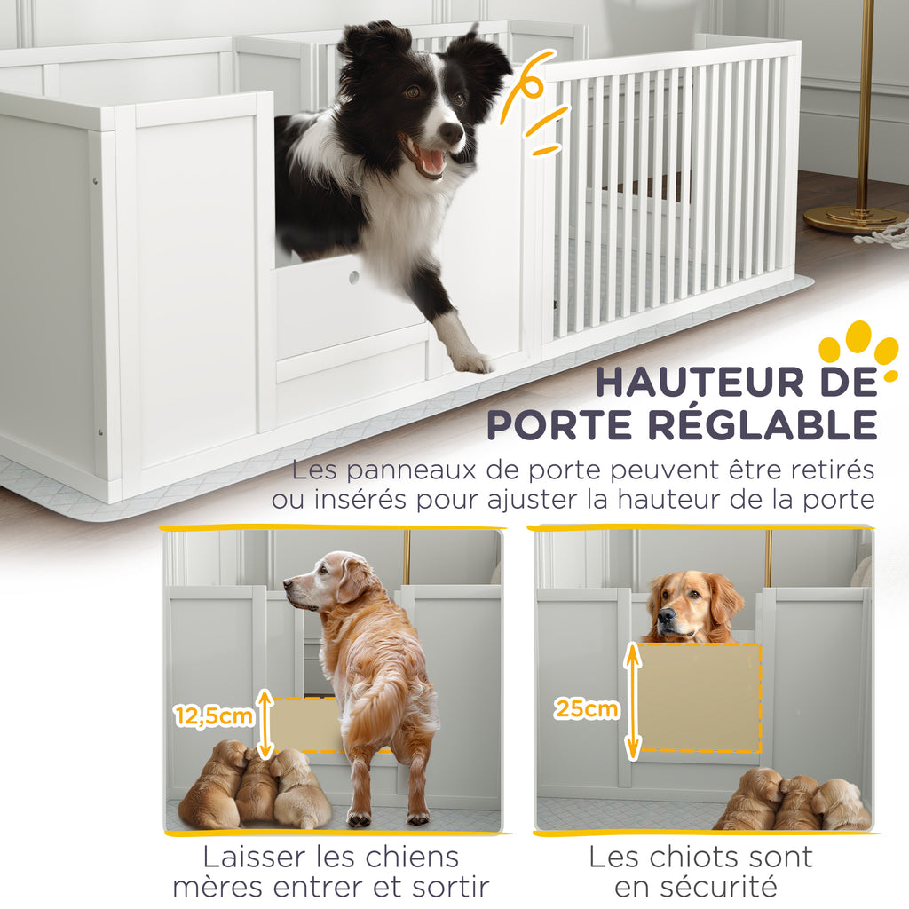 Boîte de mise bas pour chiens et chiots, parc de mise bas pour chiens porte à hauteur réglable 166 x 80 x 50 cm, blanc-4