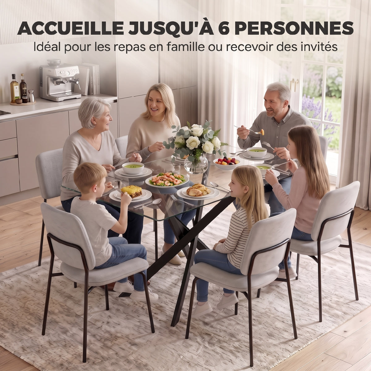 Table de Cuisine, Plateau en Verre Trempé, Piétement Croisé en Acier, Style Moderne, pour Salle à Manger, Cuisine, Salon-3