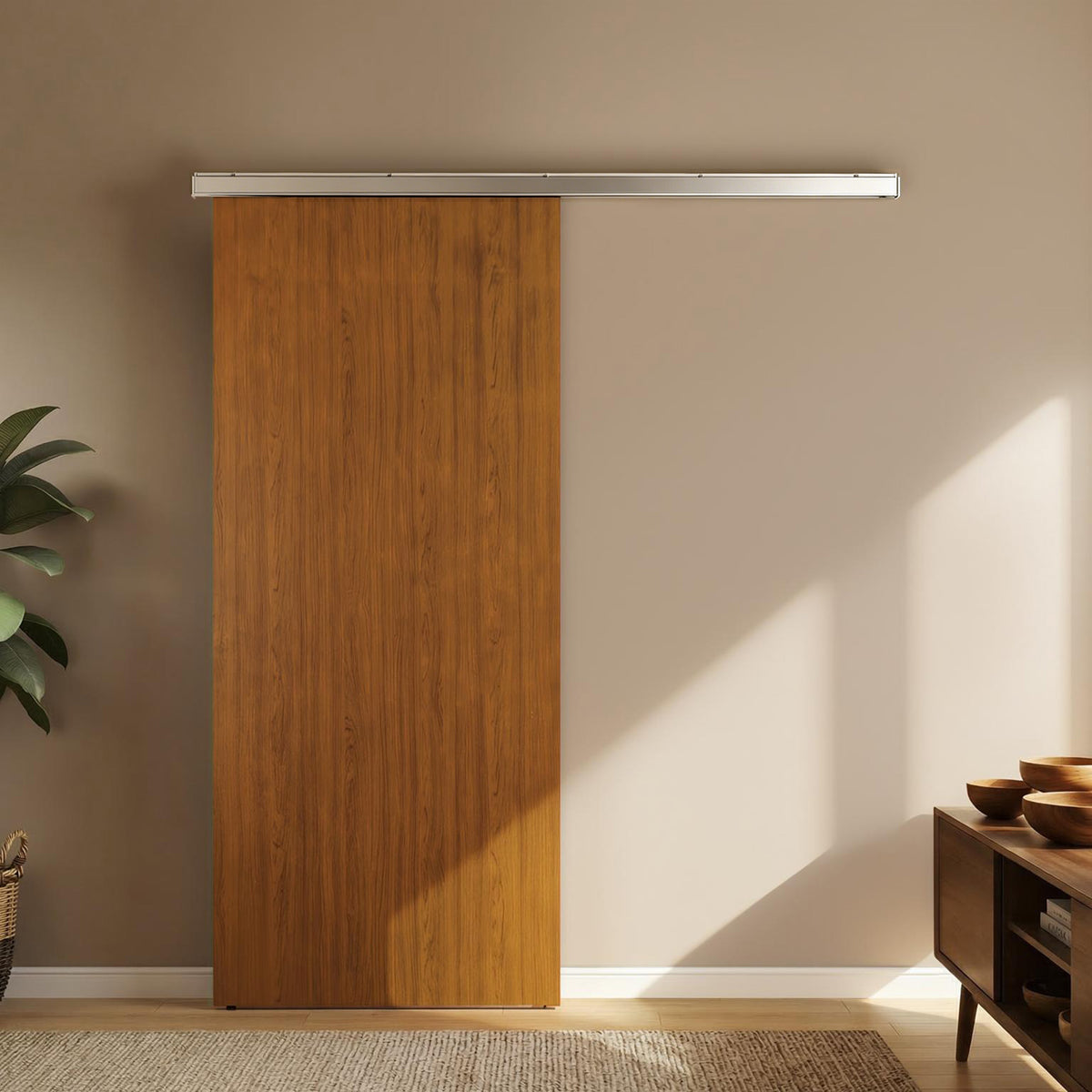 Porte Coulissante 90 x 210 cm Porte avec Kit de Quincaillerie Moderne Rail Silencieux Surface en PVC Imperméable Marron-1