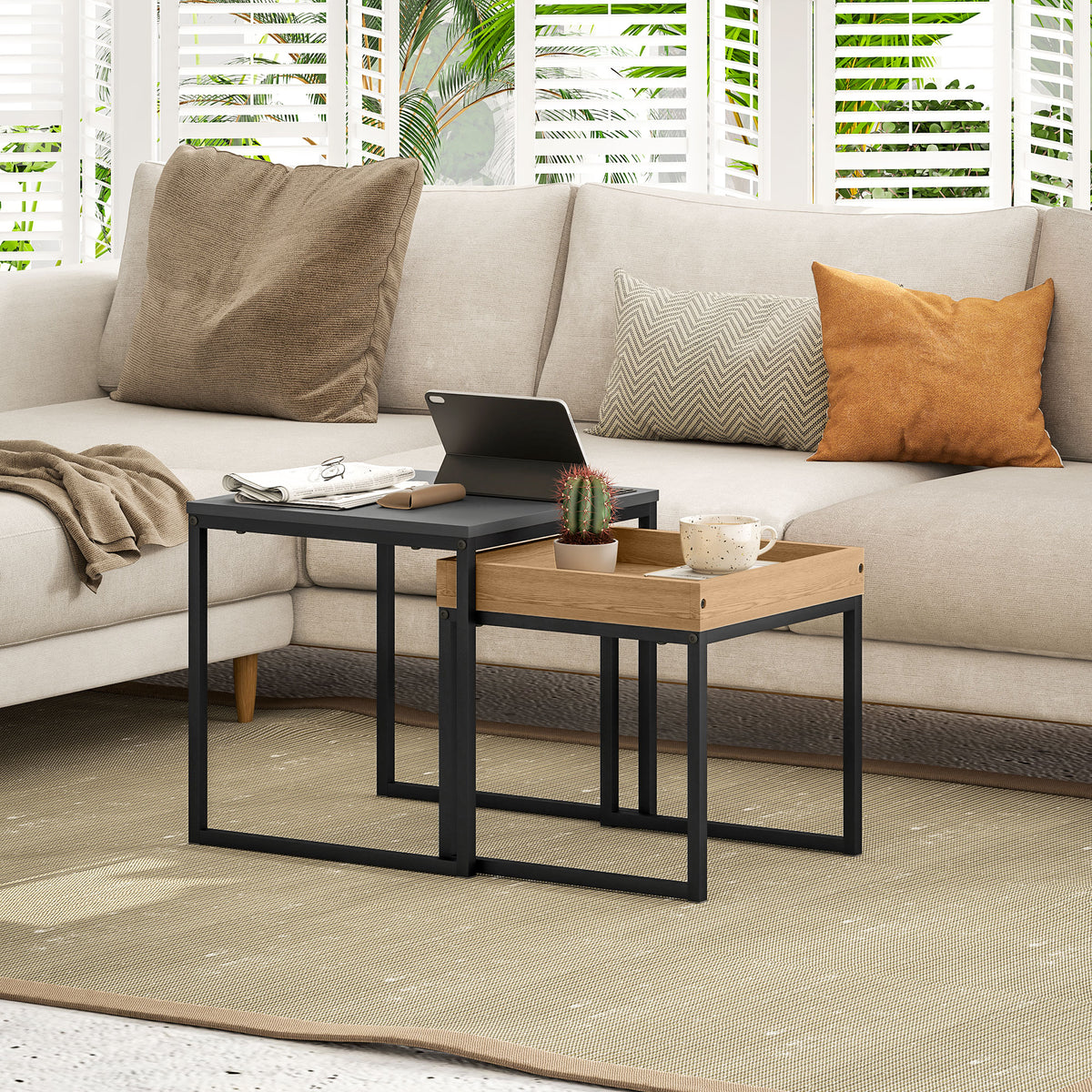 Lot de 2 tables basses gigognes carrées, tables gigognes de salon avec cadre en acier, style moderne, noir-9