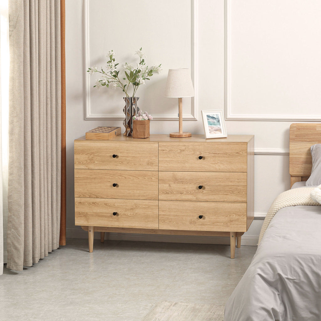 Commode 6 tiroirs meuble de rangement pieds en bois massif 120 x 40 x 80 cm marron clair-9