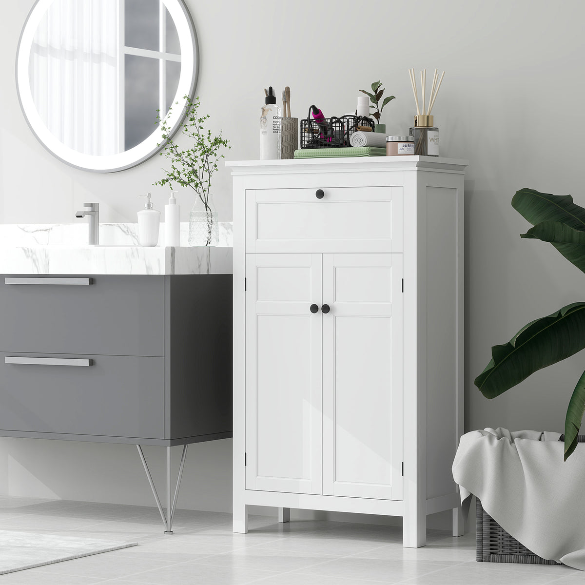 Meuble de salle de bain avec tiroir et étagères réglables, armoire de rangement sur pied, hauteur 102,5 cm, blanc-9