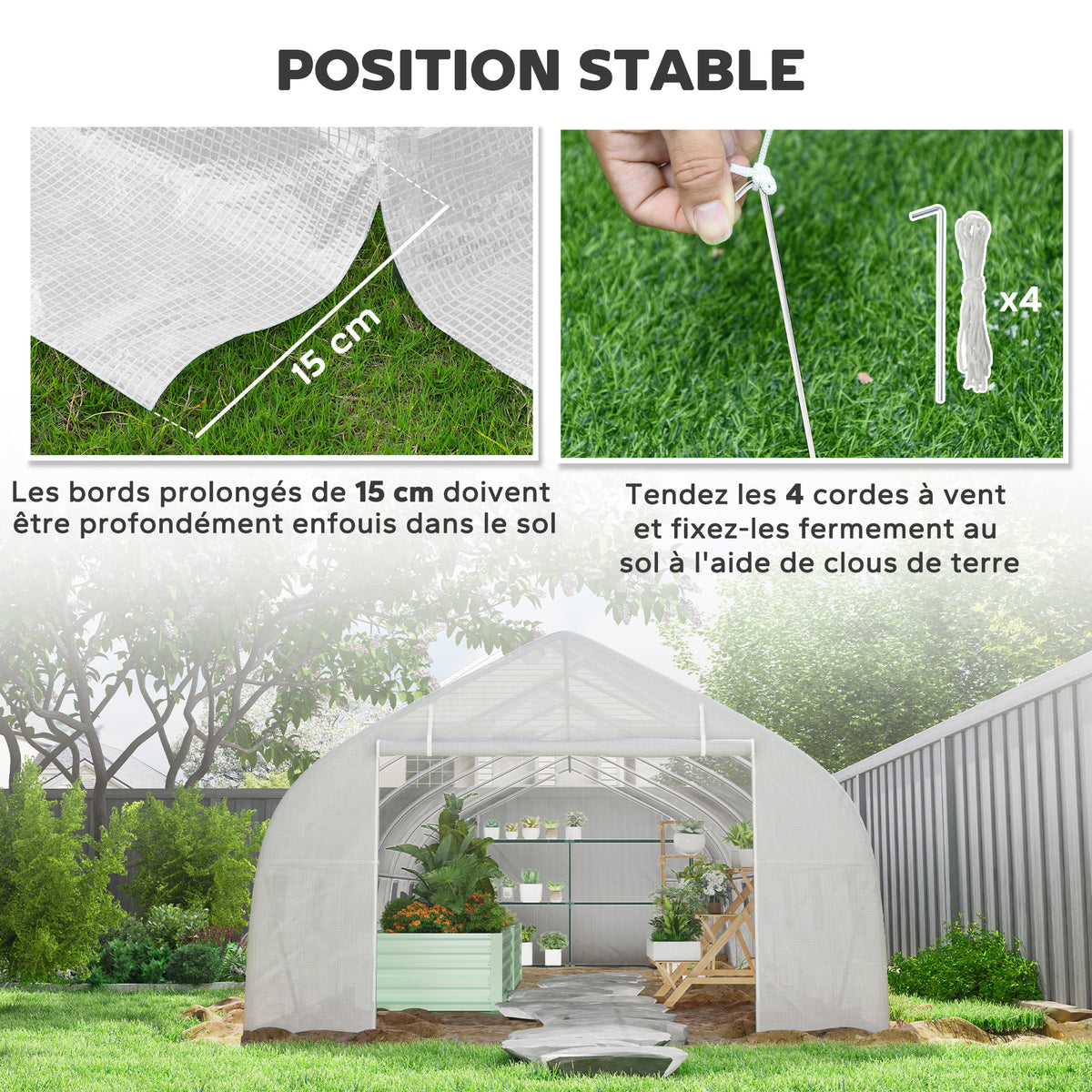 Serre de jardin tunnel grande taille avec bâche PE cadre en acier porte enroulable et 12 fenêtres 8 x 3 x 2 m blanc-5