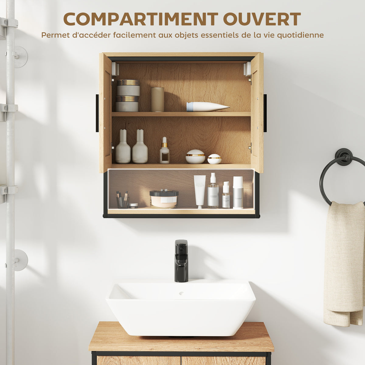 Armoire murale salle de bain avec miroir, meuble salle de bain avec compartiment ouvert et étagère réglable, chêne-6