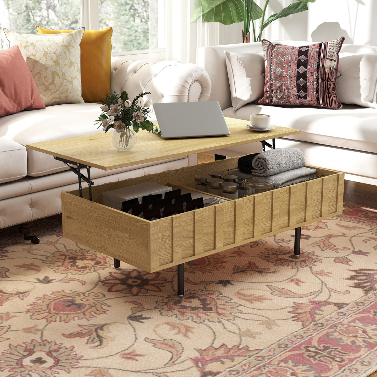 Table Basse Relevable avec 2 Compartiments Cachés et Latéraux Cannelés, Style Mid-Century Modern, 110x55x36,5cm, Chêne-8