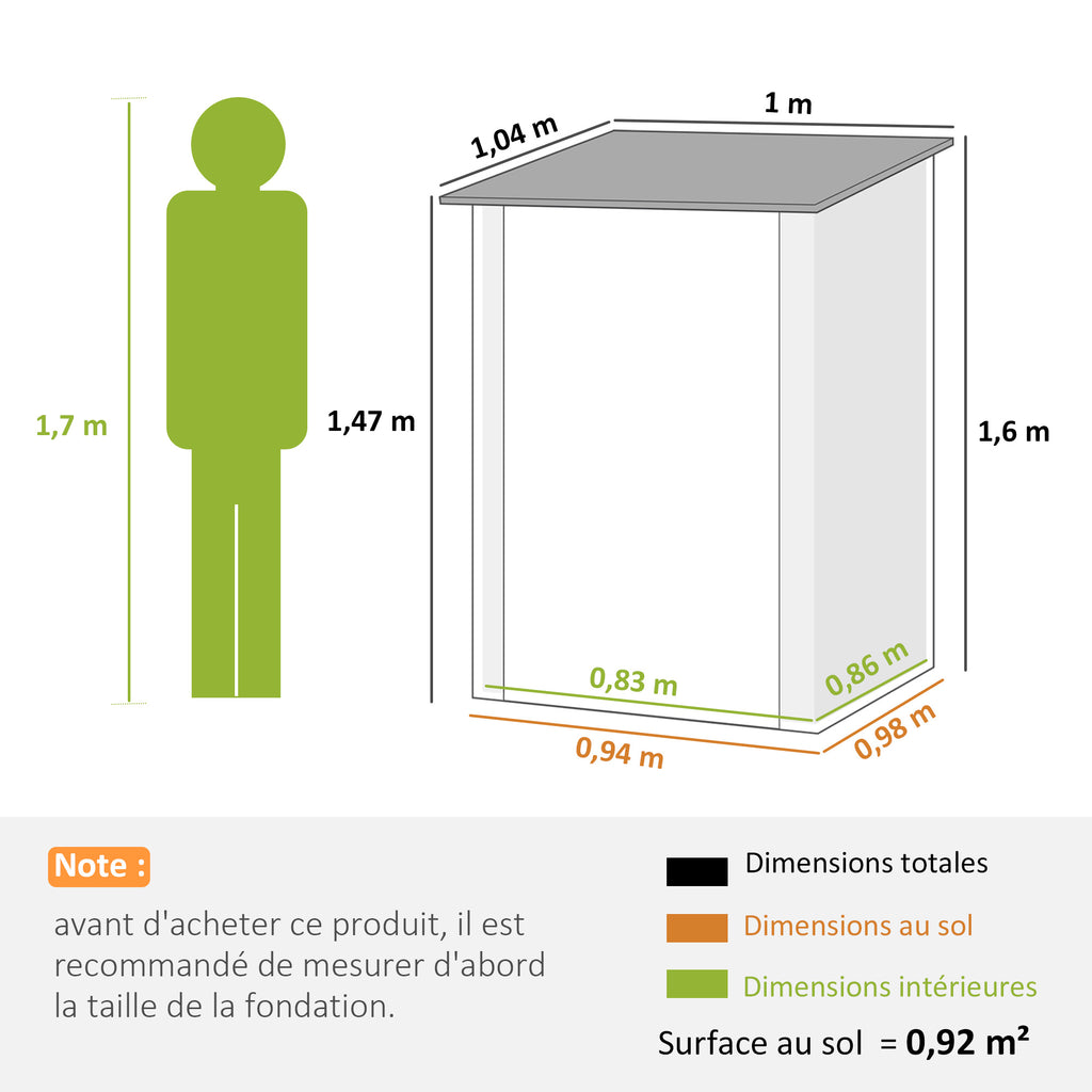 Abri de Jardin en Acier galvanisé 1m², avec Tôle Ondulée, Toit Incliné et Porte Verrouillable, 100x104x160cm, Gris Foncé-2