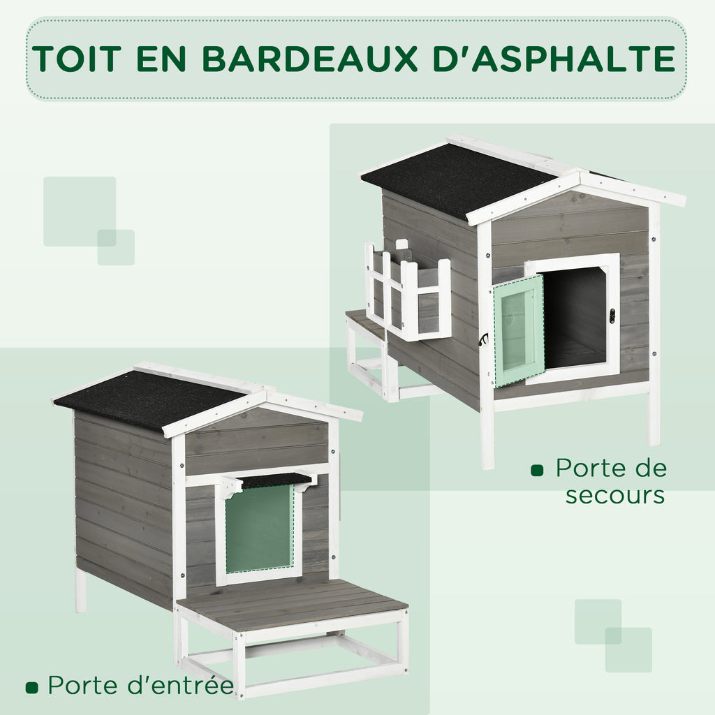 Maisonnette pour chats niche extérieure surélevé avec terrasse étanche en bois, dim. 115L x 66,5P x 74,7H cm, gris-6