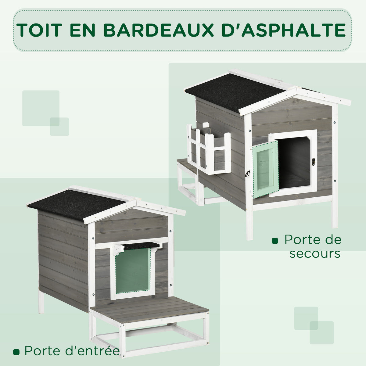Maisonnette pour chats niche extérieure surélevé avec terrasse étanche en bois, dim. 115L x 66,5P x 74,7H cm, gris-6