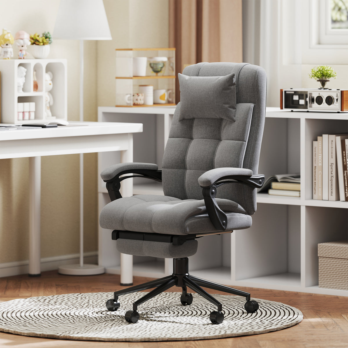 Chaise de bureau de massage chauffante réglable en hauteur de 116-124 cm ergonomique inclinable tissu effet lin, gris-1