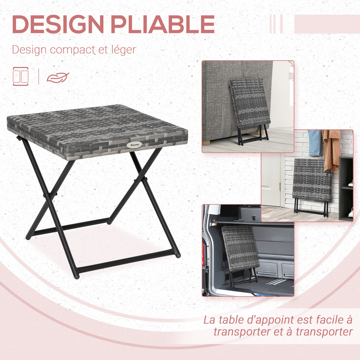 Table basse pliable de jardin style cosy chic dim. 40L x 40l x 40H cm métal époxy résine tressée imitation rotin gris-3