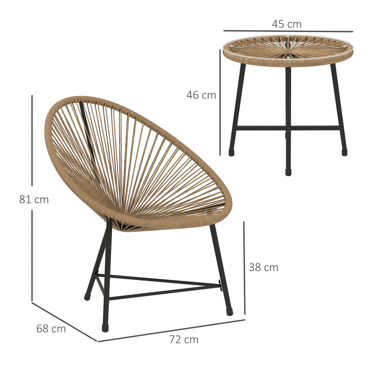 Salon de jardin extérieur en résine tressée 2 personnes, plateau en verre trempé, pour balcon terrasse patio, naturel-2