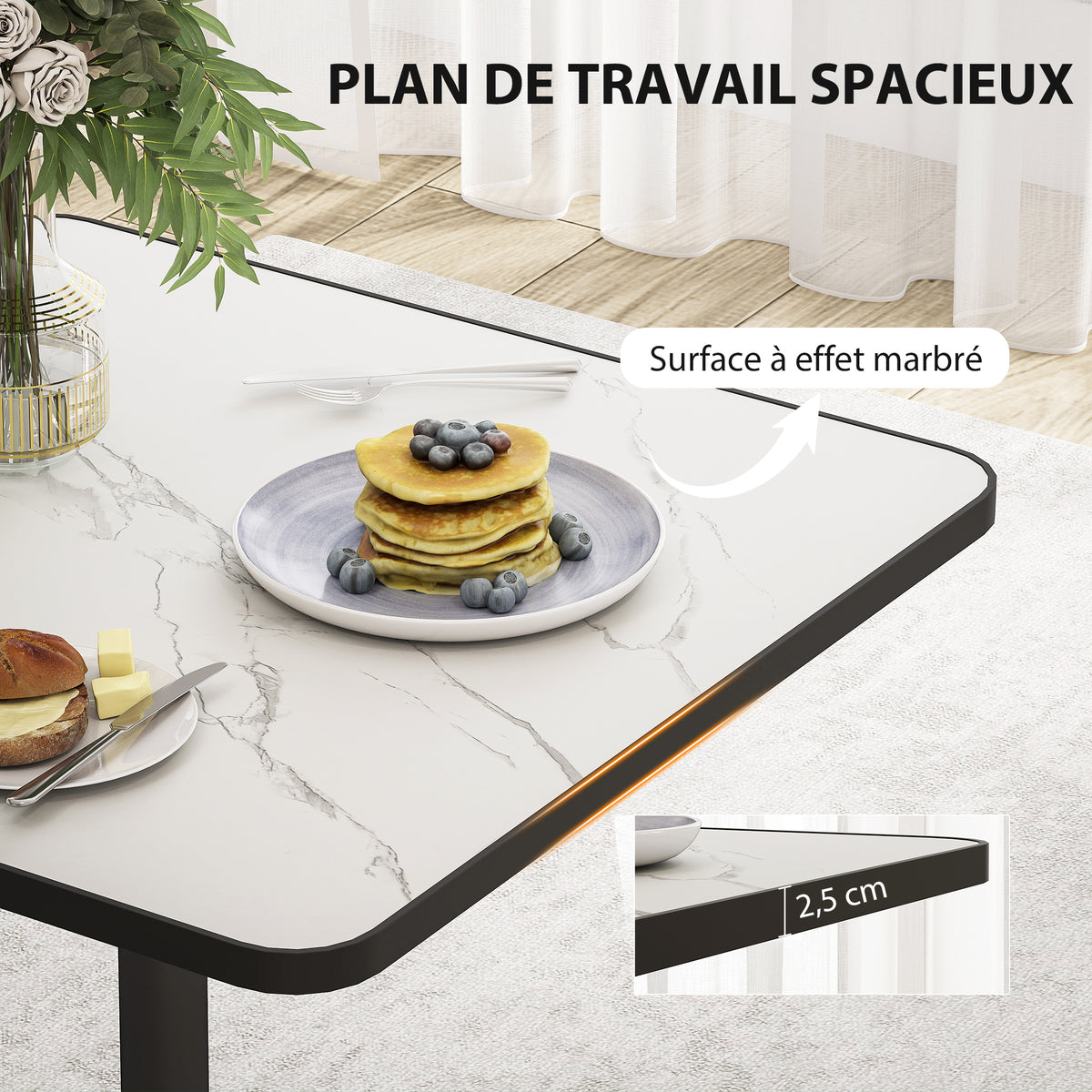Table à manger pour 4 personnes table de cuisine style moderne avec plateau effet marbre et base ronde, 70 x 70 cm, blanc-4