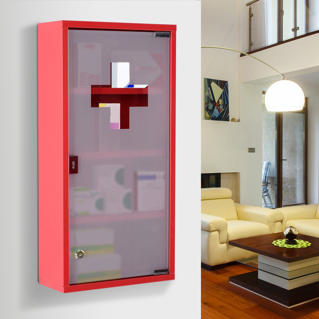 Armoire à Pharmacie 3 étagères 4 Niveaux verrouillable Porte Verre trempé dépoli Logo Croix 30L x 12l x 60H cm Acier Rouge-9